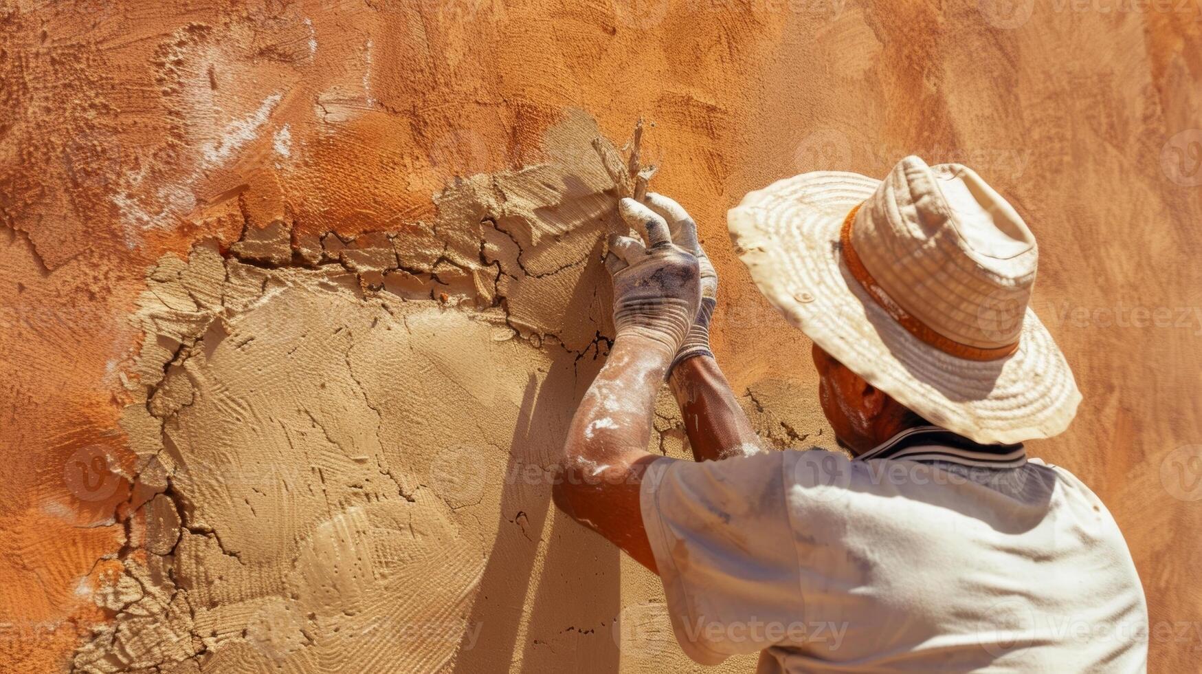 A worker using clay plaster an ecofriendly option for finishing walls that is nontoxic and easy to maintain photo
