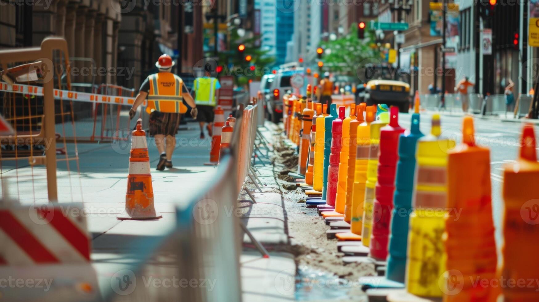 Vibrant signs and colorful barriers line the sidewalks as pedestrians navigate through the construction zone photo