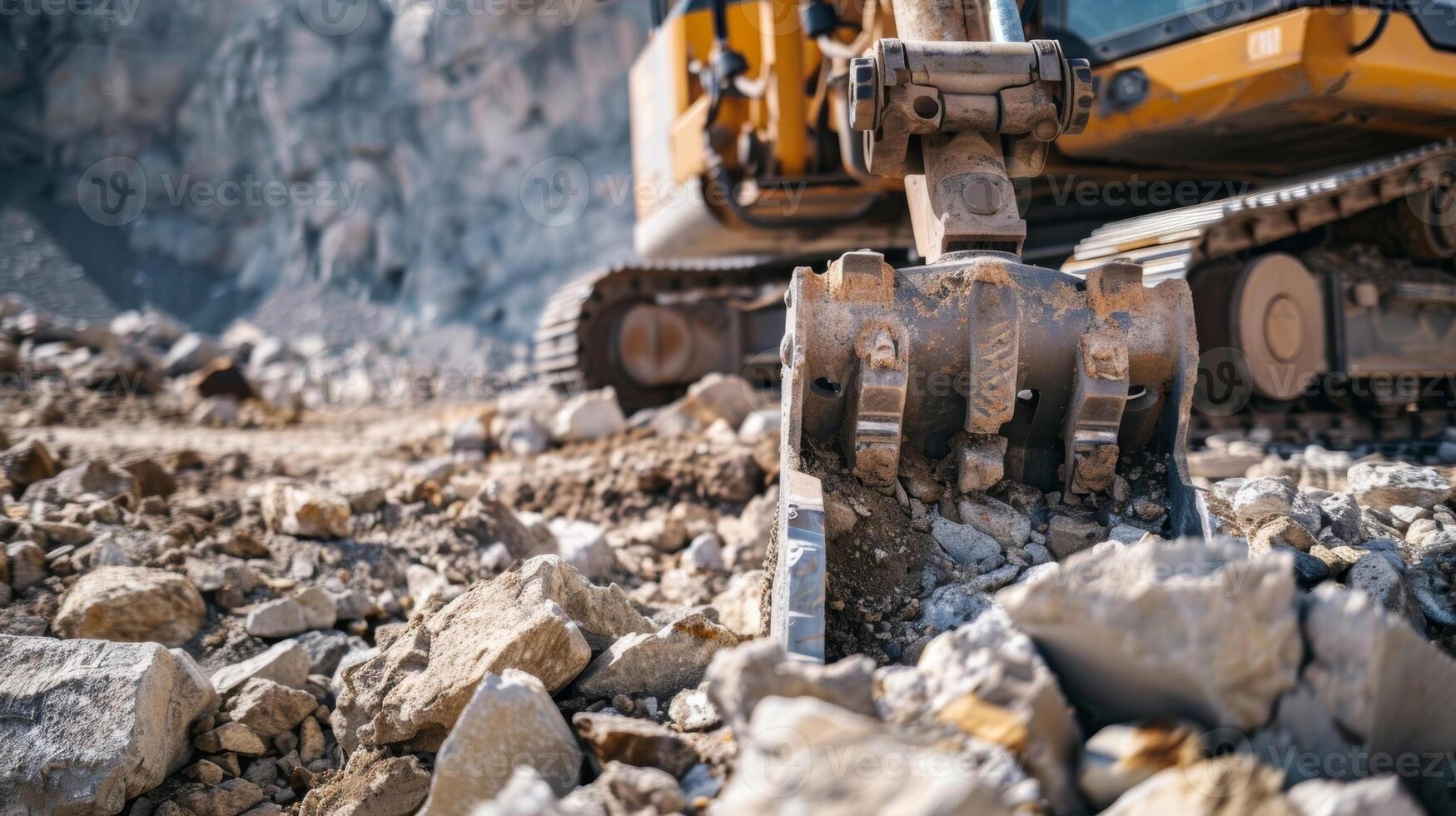 A pile driver at work on a rocky terrain showcasing the versatility of the machine and the determination of the workers overcoming challenging conditions photo