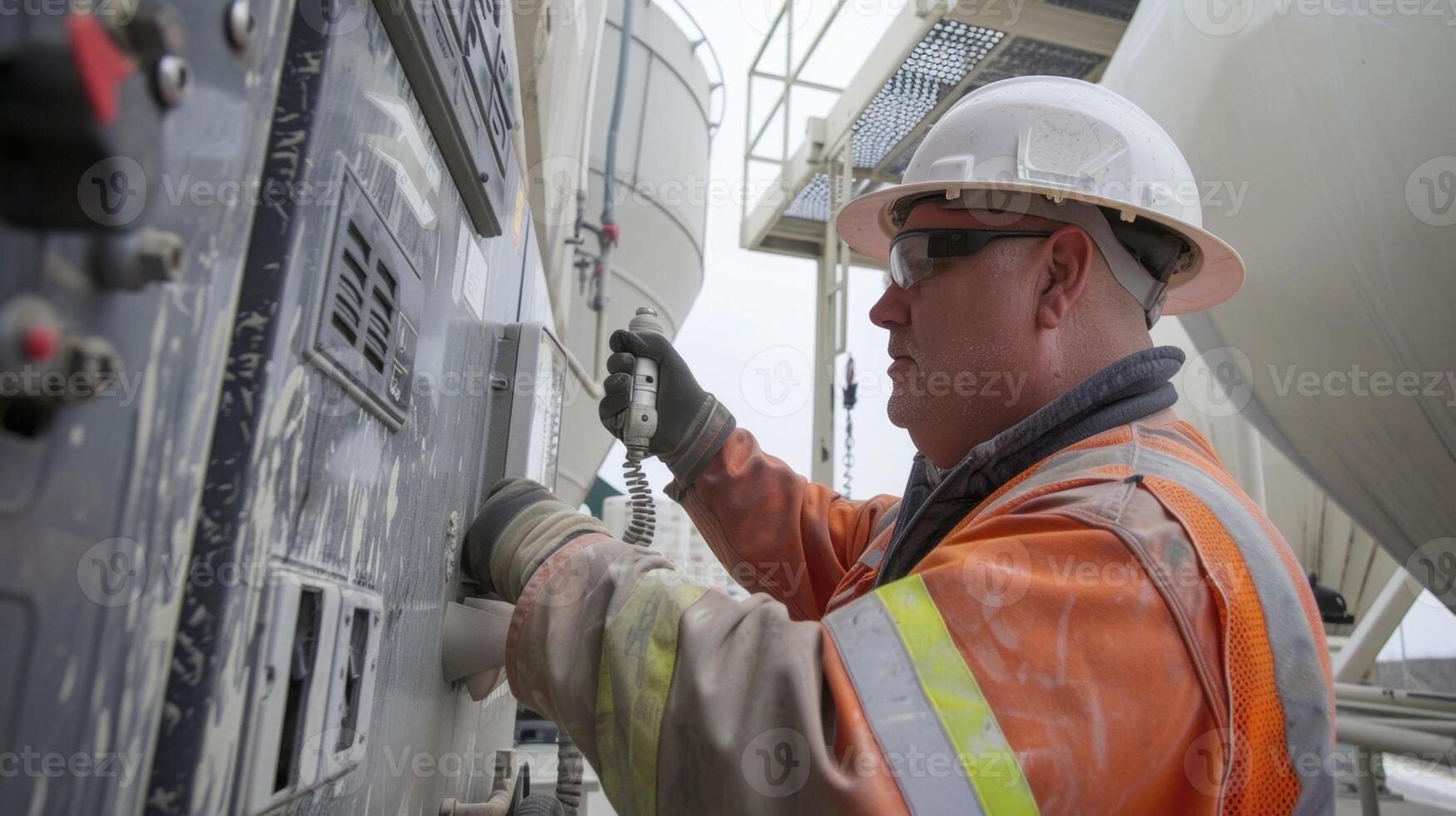 Using a specialized thermometer the technician takes a temperature reading of a massive concrete mixer to ensure its safe for use photo