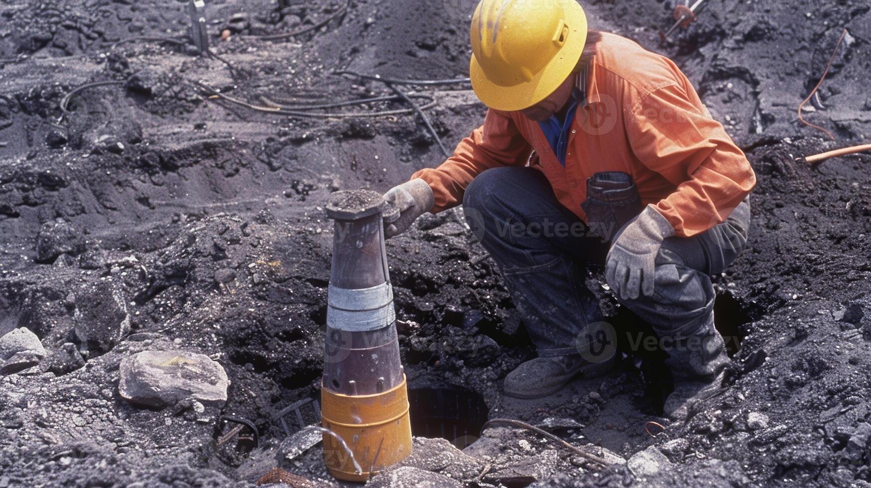 A worker carefully handles a heavy metal cone in the process of conducting a cone tration test on the soil photo
