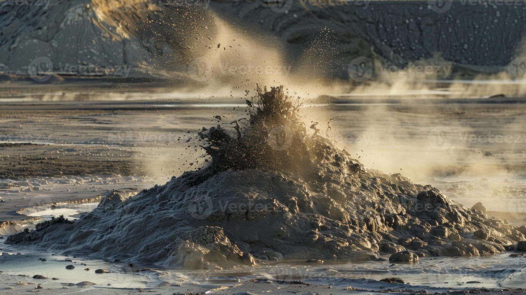 A mud pot with a large cone shape resembling a minivolcano spewing up mud and steam photo