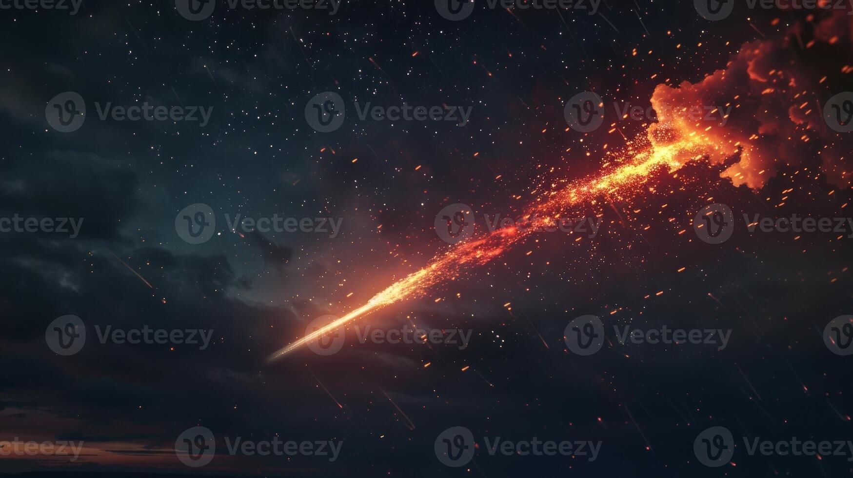 A fleeting glimpse of a fiery red meteor streaks across the darkening sky leaving a trail of sparks in its wake photo