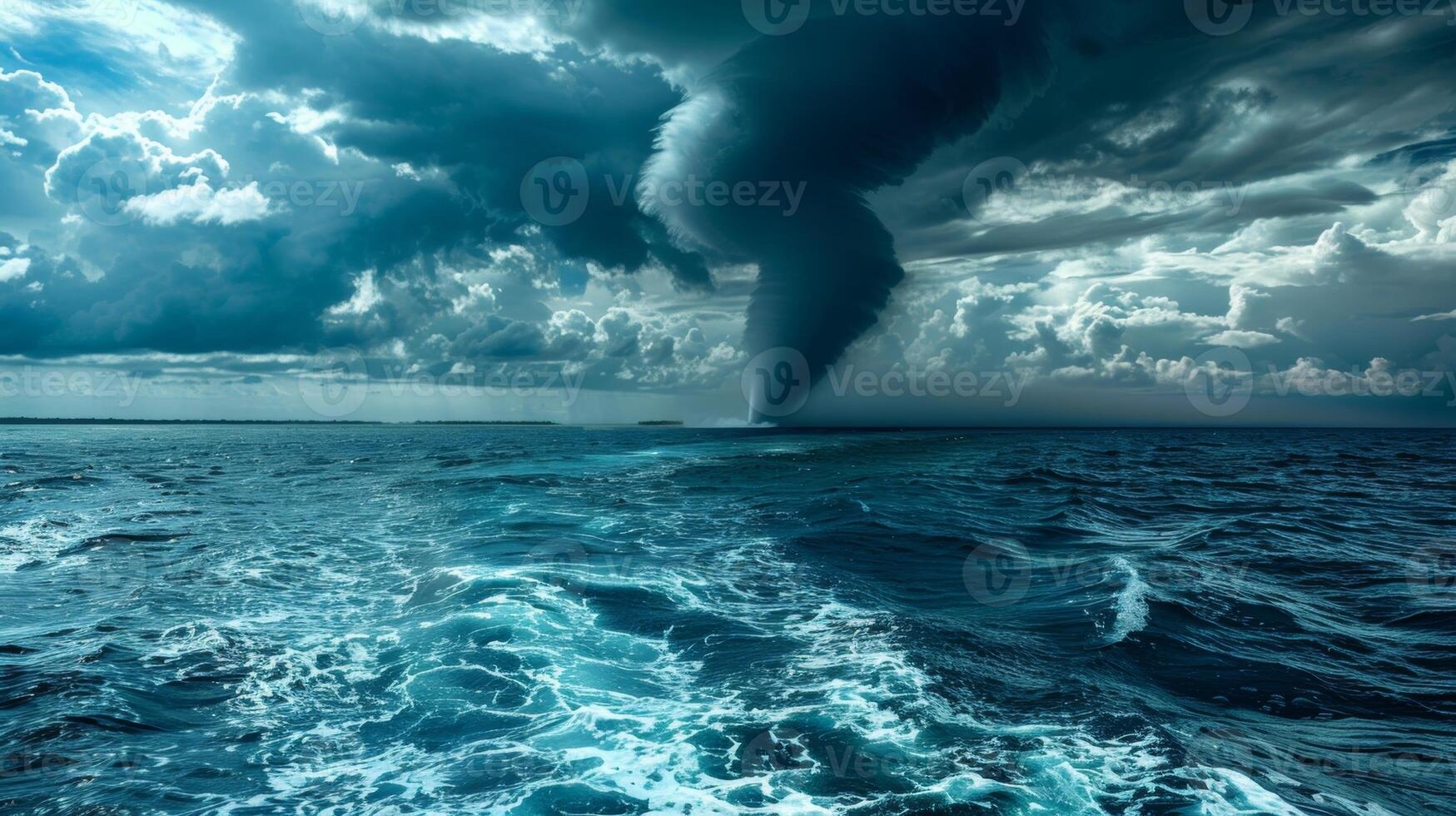 A dramatic contrast between a calm blue ocean and a dark swirling water spout a reminder of natures duality photo