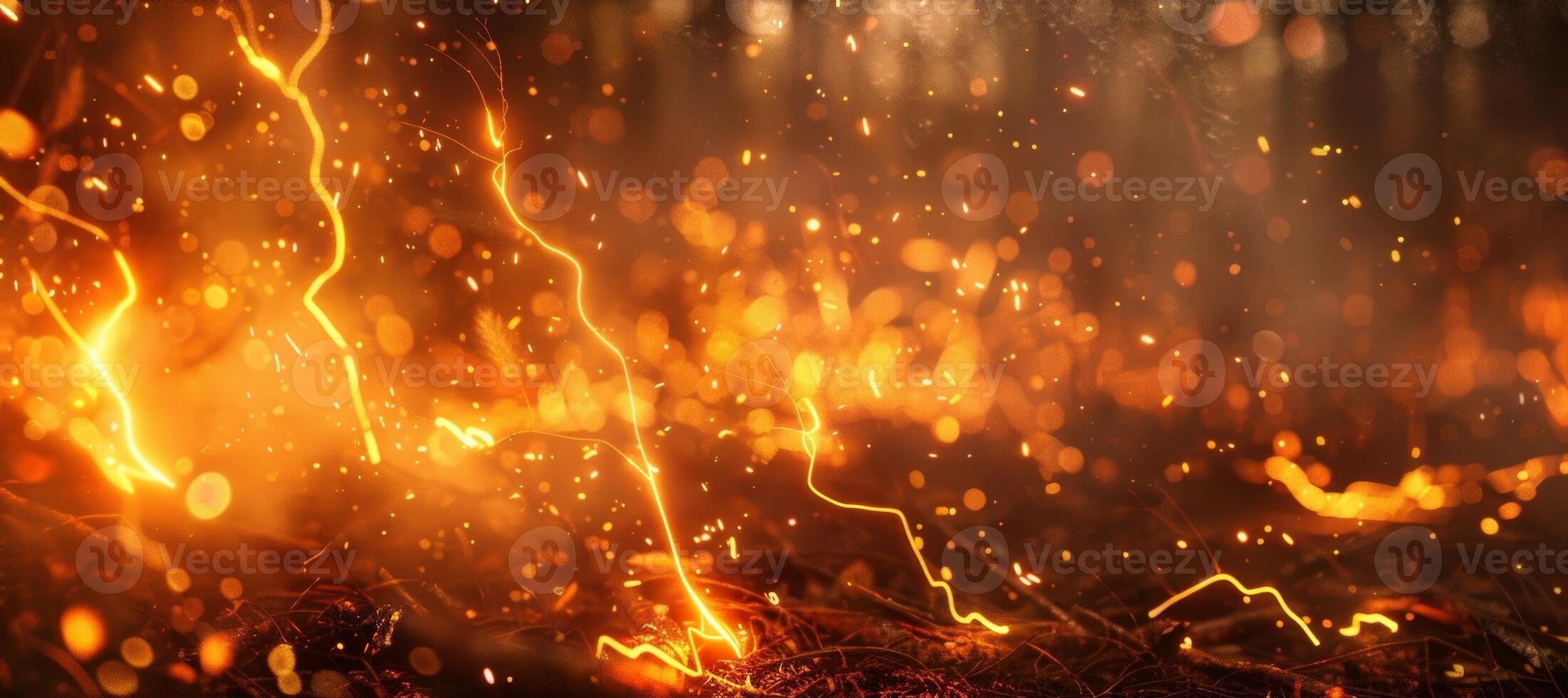 Whitehot bolts of lightning strike the ground leaving behind trails of smoke and burning trees photo