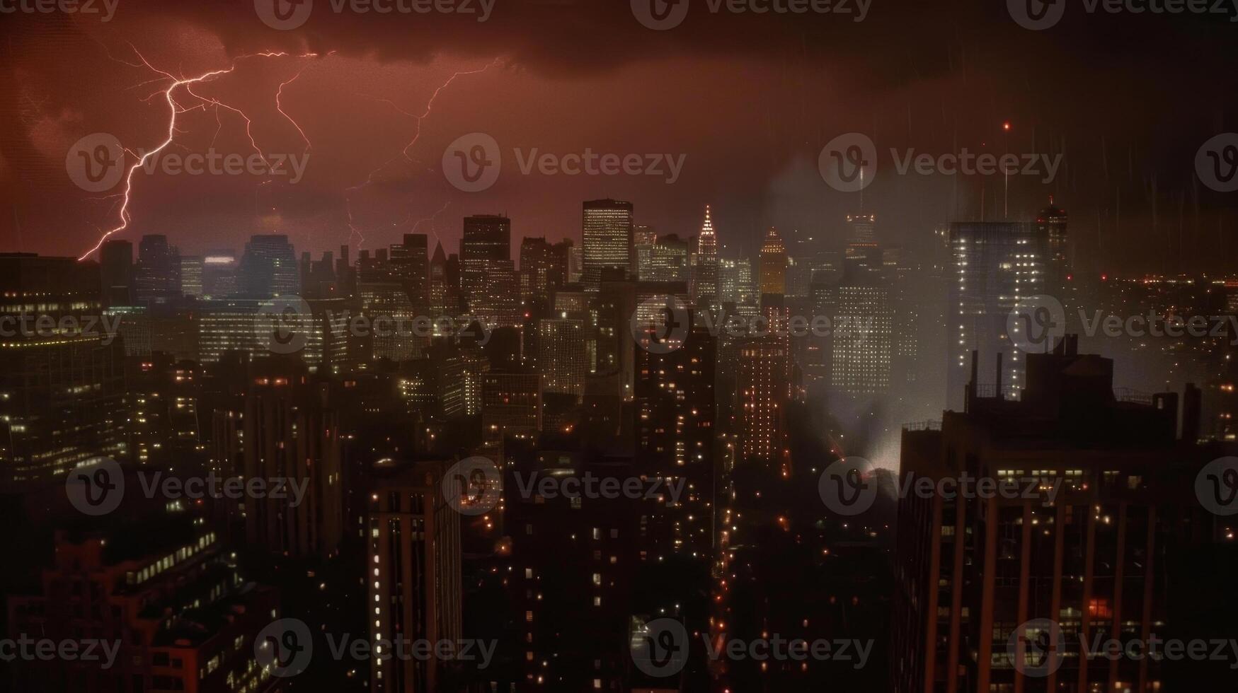 The skyline is dominated by a fierce lightning storm casting a foreboding glow on the city below photo