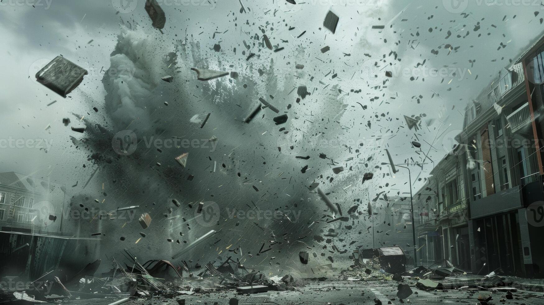 A chaotic scene of debris flying through the air as the powerful winds of a ha rage on photo
