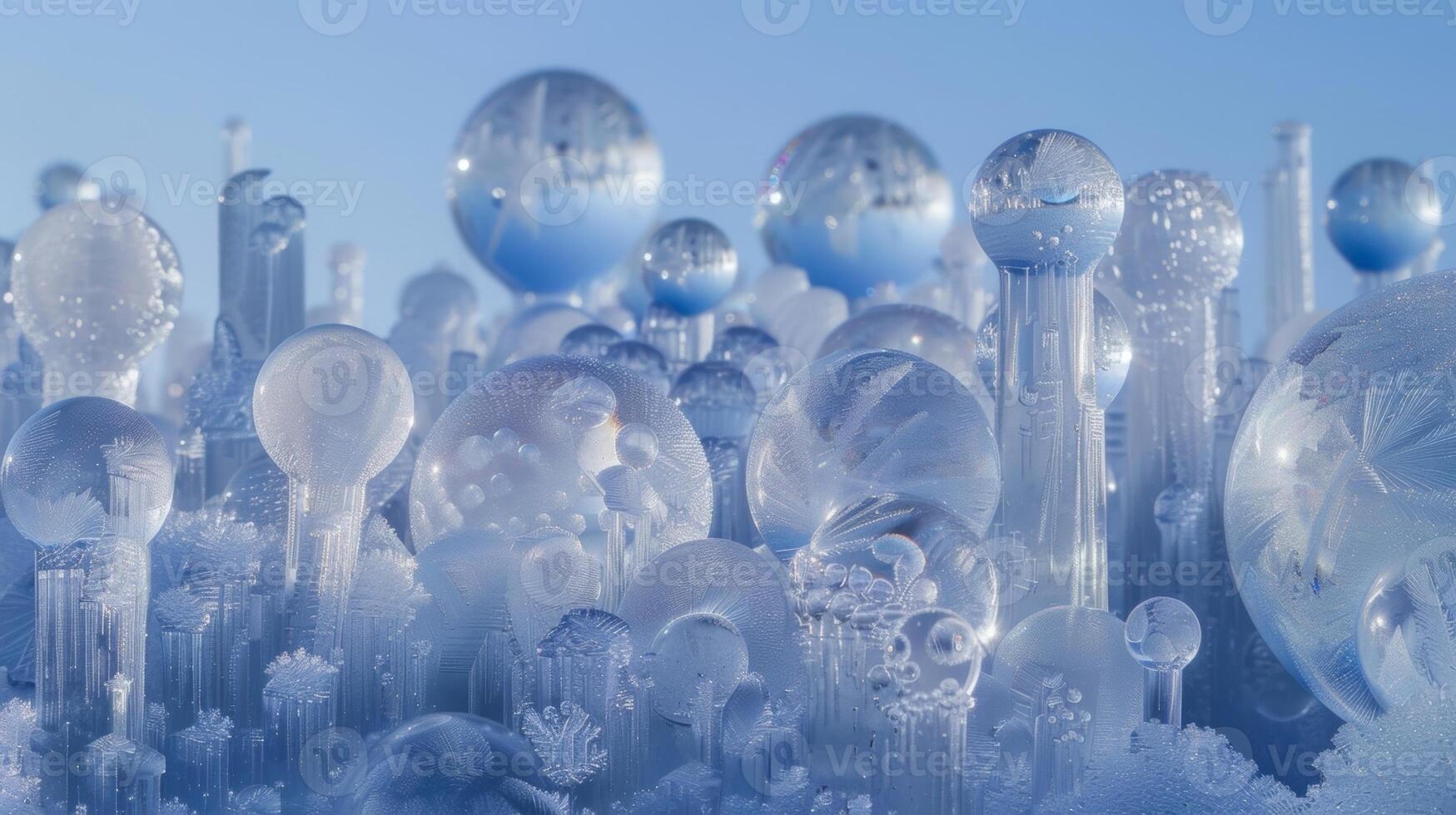 A group of frozen ane bubbles frozen in various sizes and shapes resembling a frozen cityscape photo
