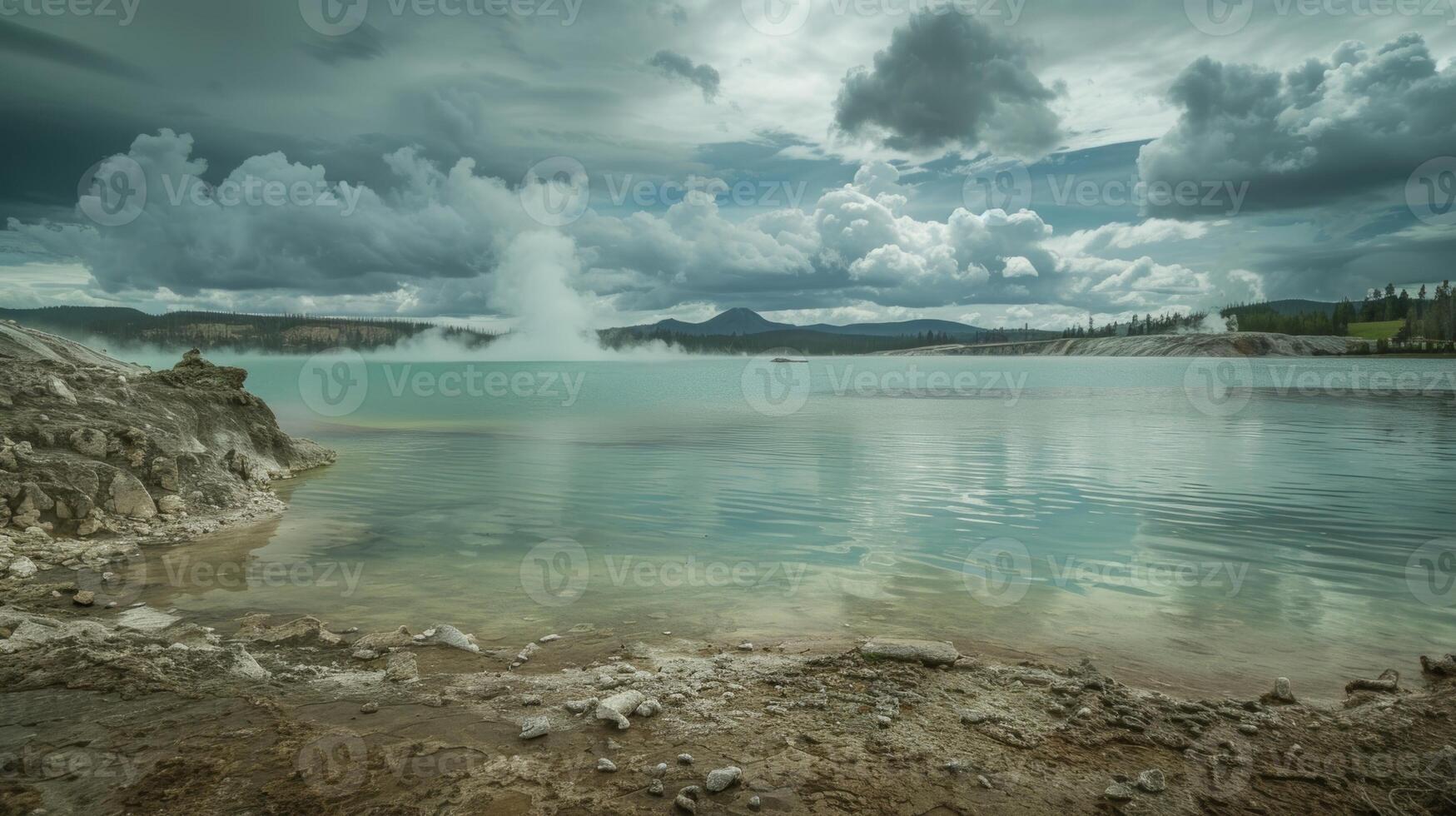 A serene lake with a geysers dramatic eruption in the distanc photo