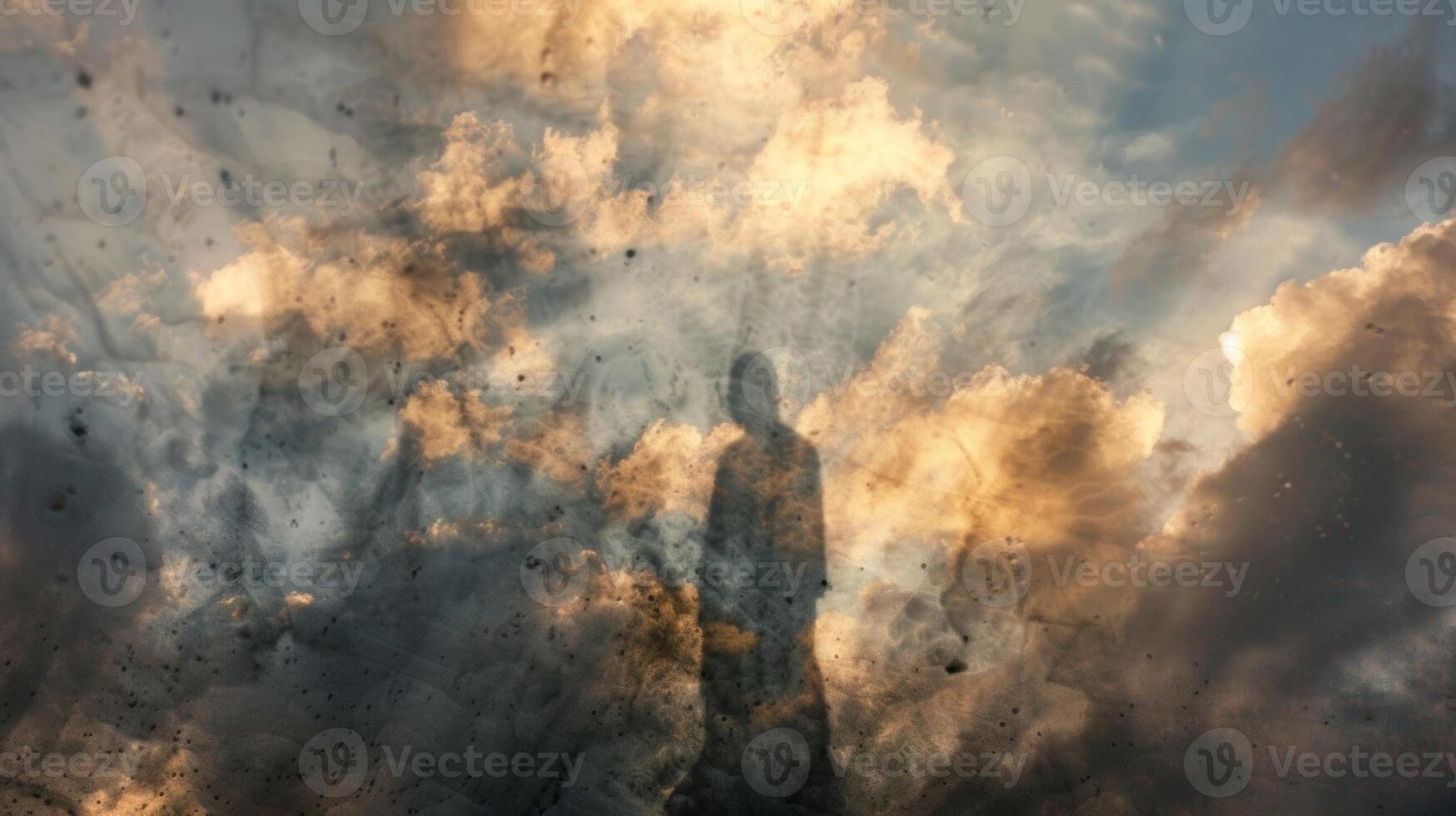A distorted figure projected onto the canvas of clouds its shadow appearing almost abstract photo