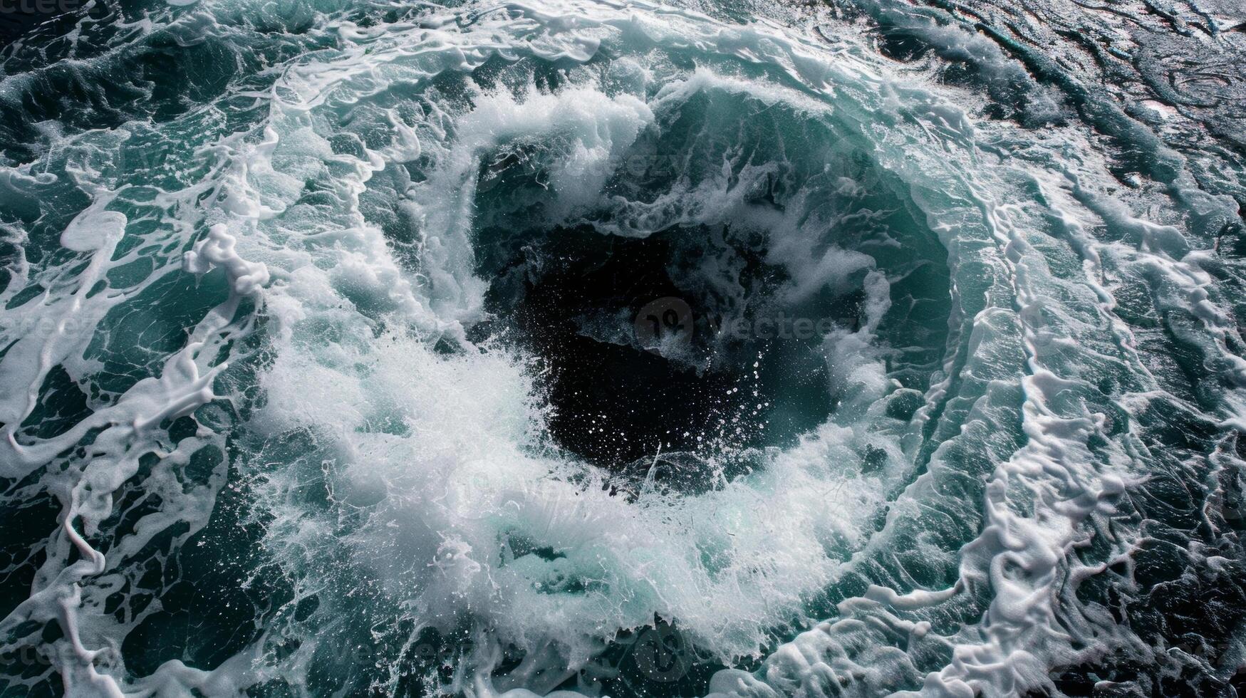 The fierce motion of the whirlpool causes the surrounding waves to crash and collide creating a chaotic scene photo
