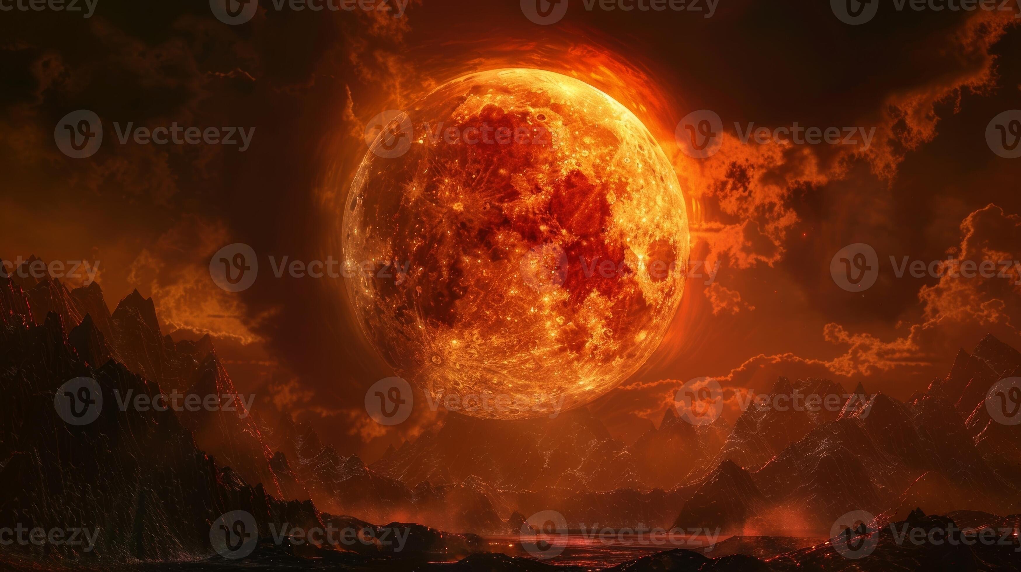 The lunar eclipse transforms the usually pale moon into a fiery red orb