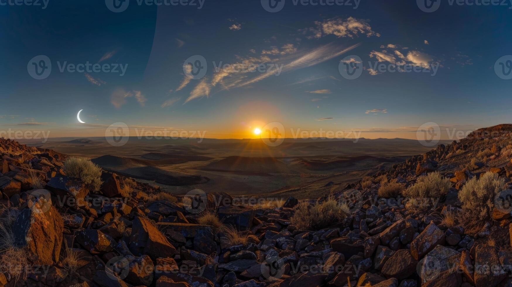 A panoramic view of the landscape during the Ring of Fire solar eclipse with the sun partially covered by the moon photo