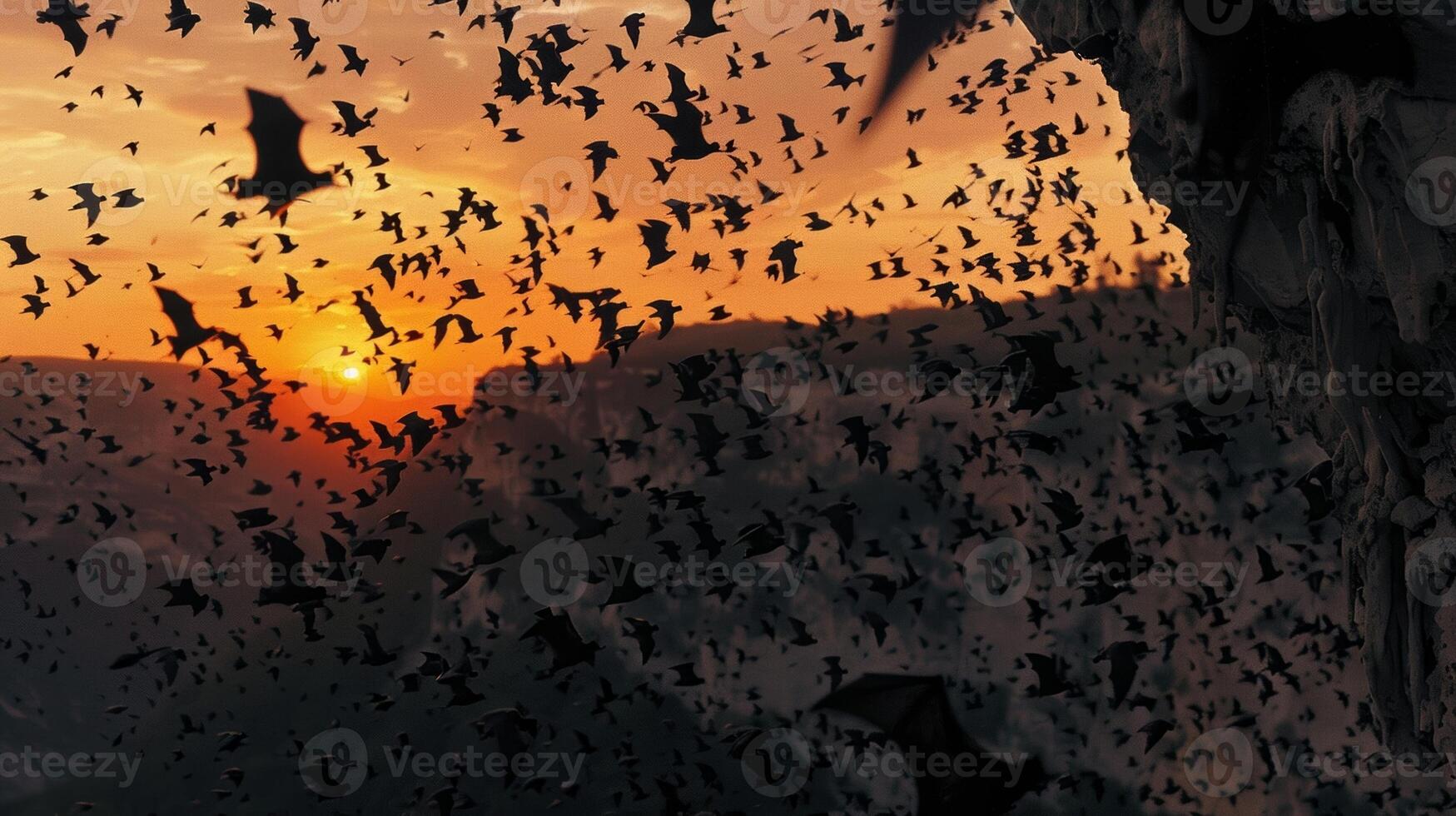 A vast migration of bats emerging from a cave and flying towards their feeding grounds at twilight creating a stunning sight from above photo