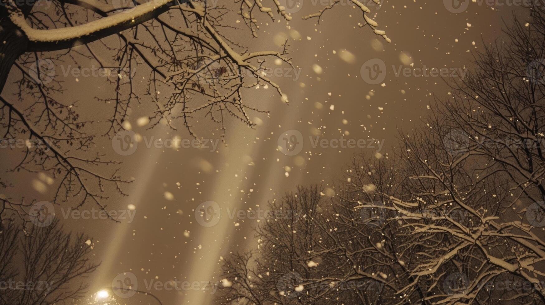 As snowflakes gently fall light pillars emerge creating a stunning contrast against the dark sky photo