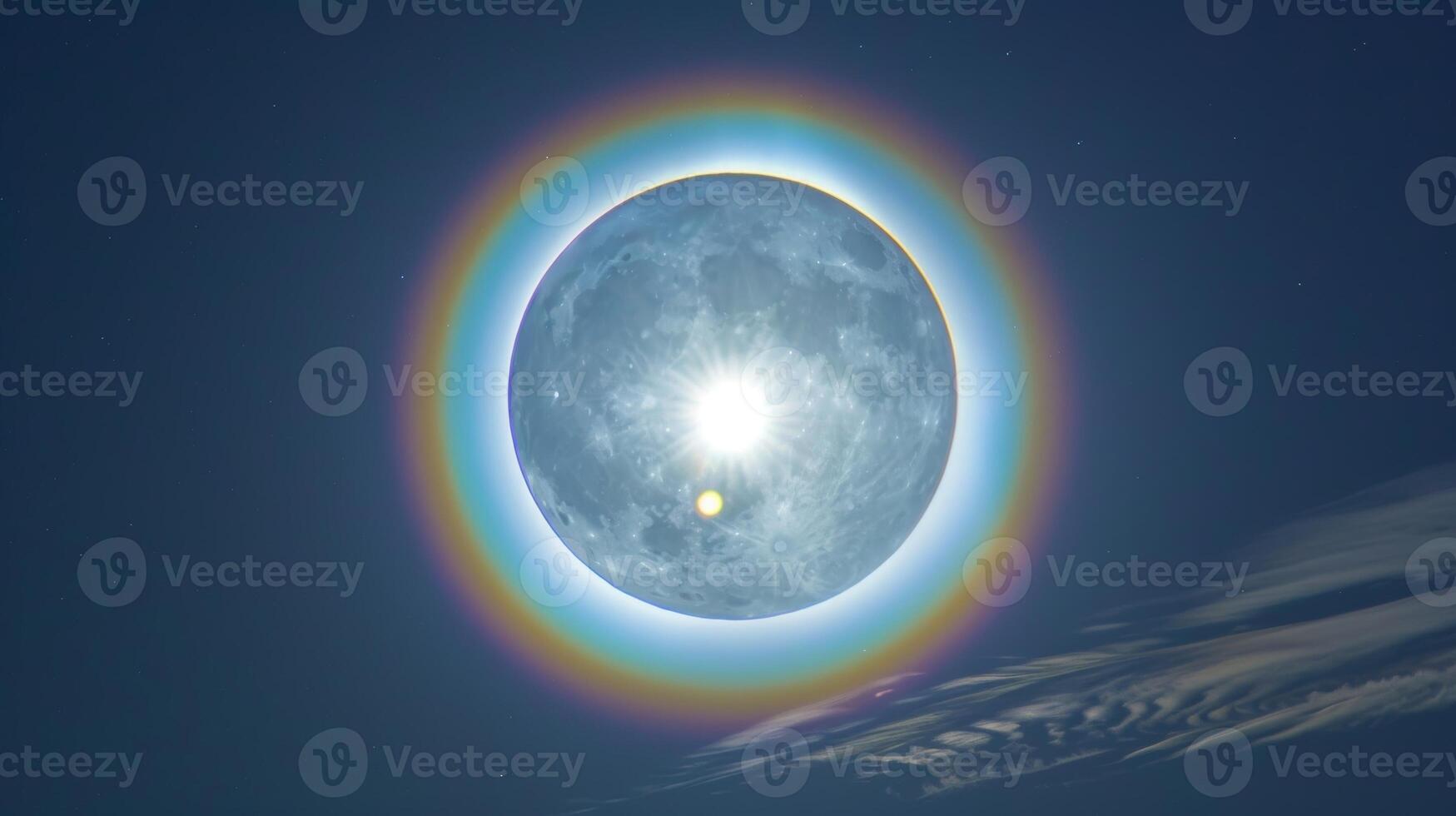 A glowing white moon is framed by a rainbowcolored halo giving the illusion of a multicolored ring photo