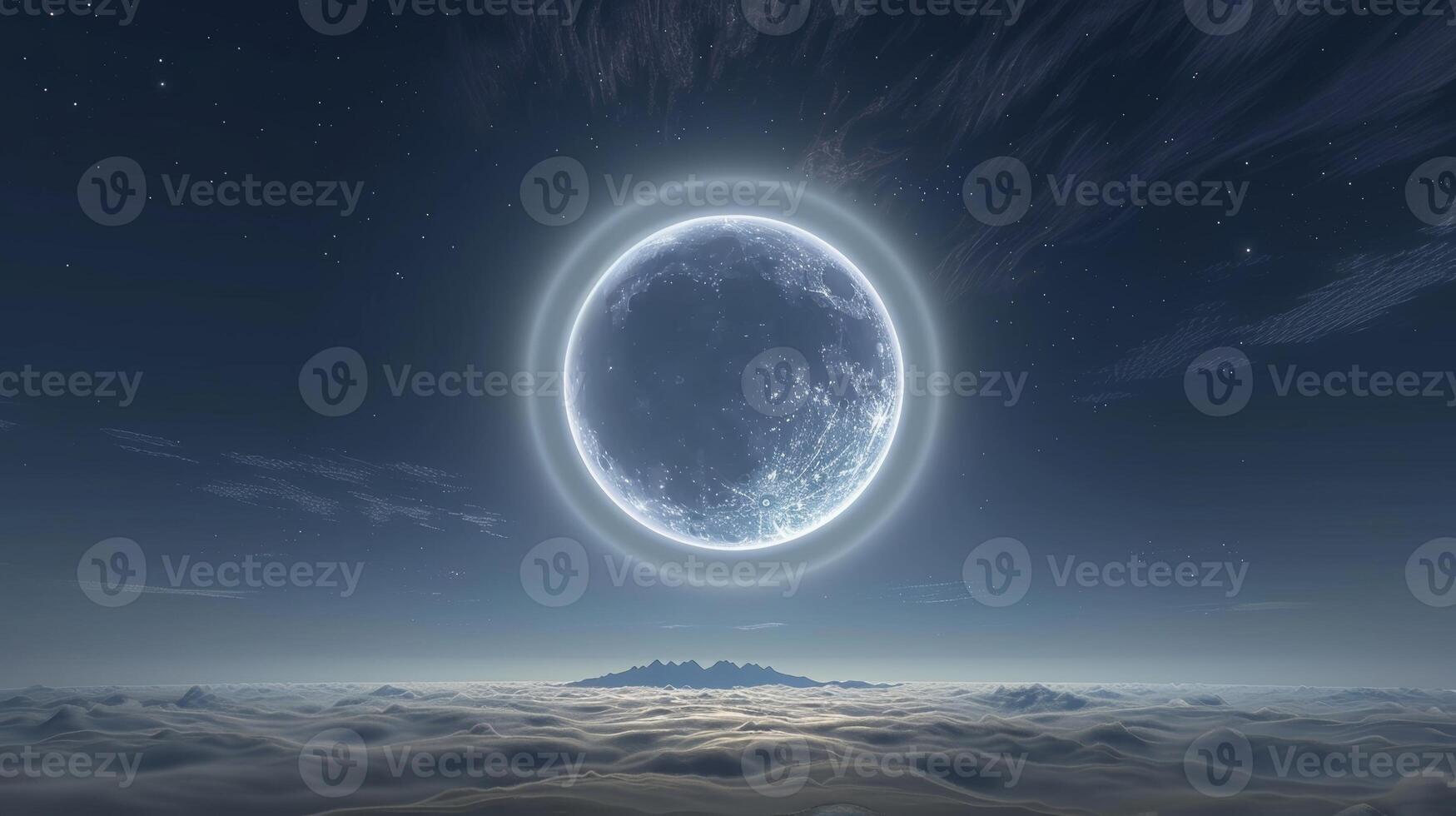 The moon shines brightly behind a gossamer veil of thin clouds its halo casting a soft glow onto the earth below photo