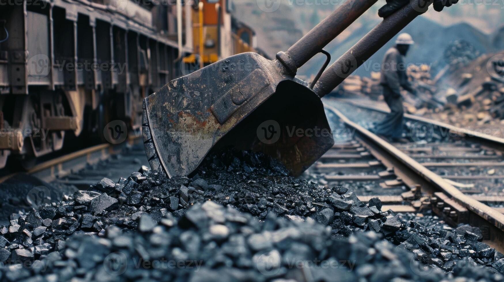 A closeup shot of a worker loading a large metal shovel with coal ready to transfer it onto a train car photo