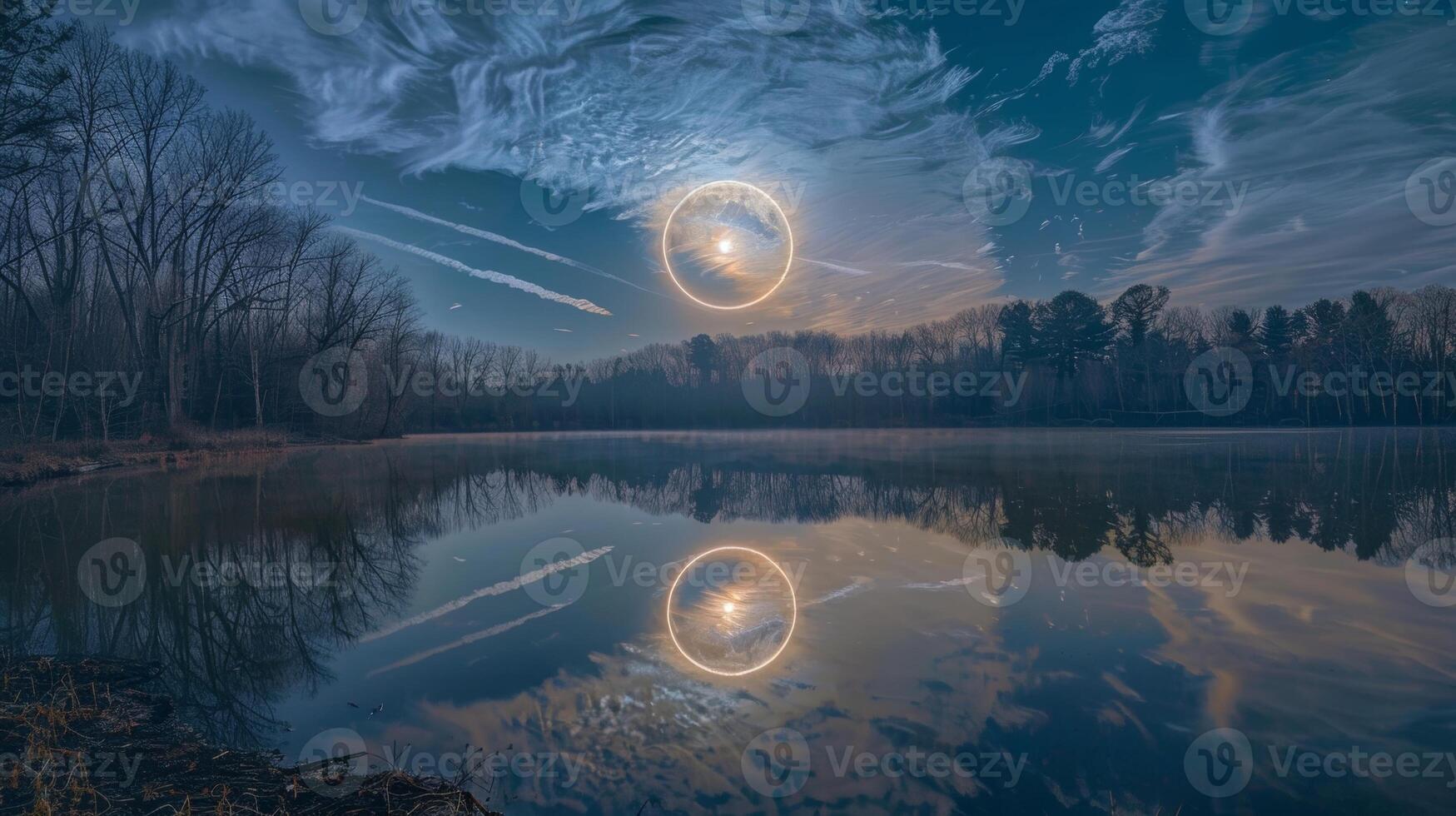 The moons halo is reflected in a calm lake creating a mesmerizing double ring effect photo