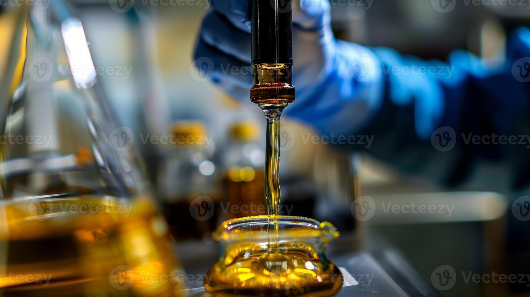 A lab technician pours a sample of crude oil onto a piece of filter paper using gravity to separate different layers for testing photo