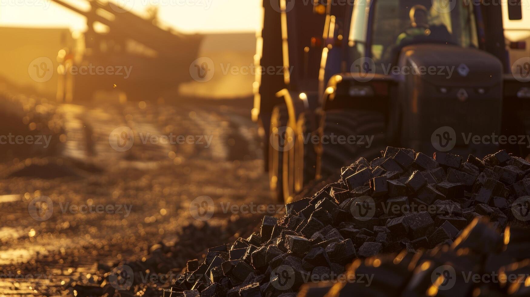 Tractors and trucks transport large loads of dried peat to the briquette processing plant photo