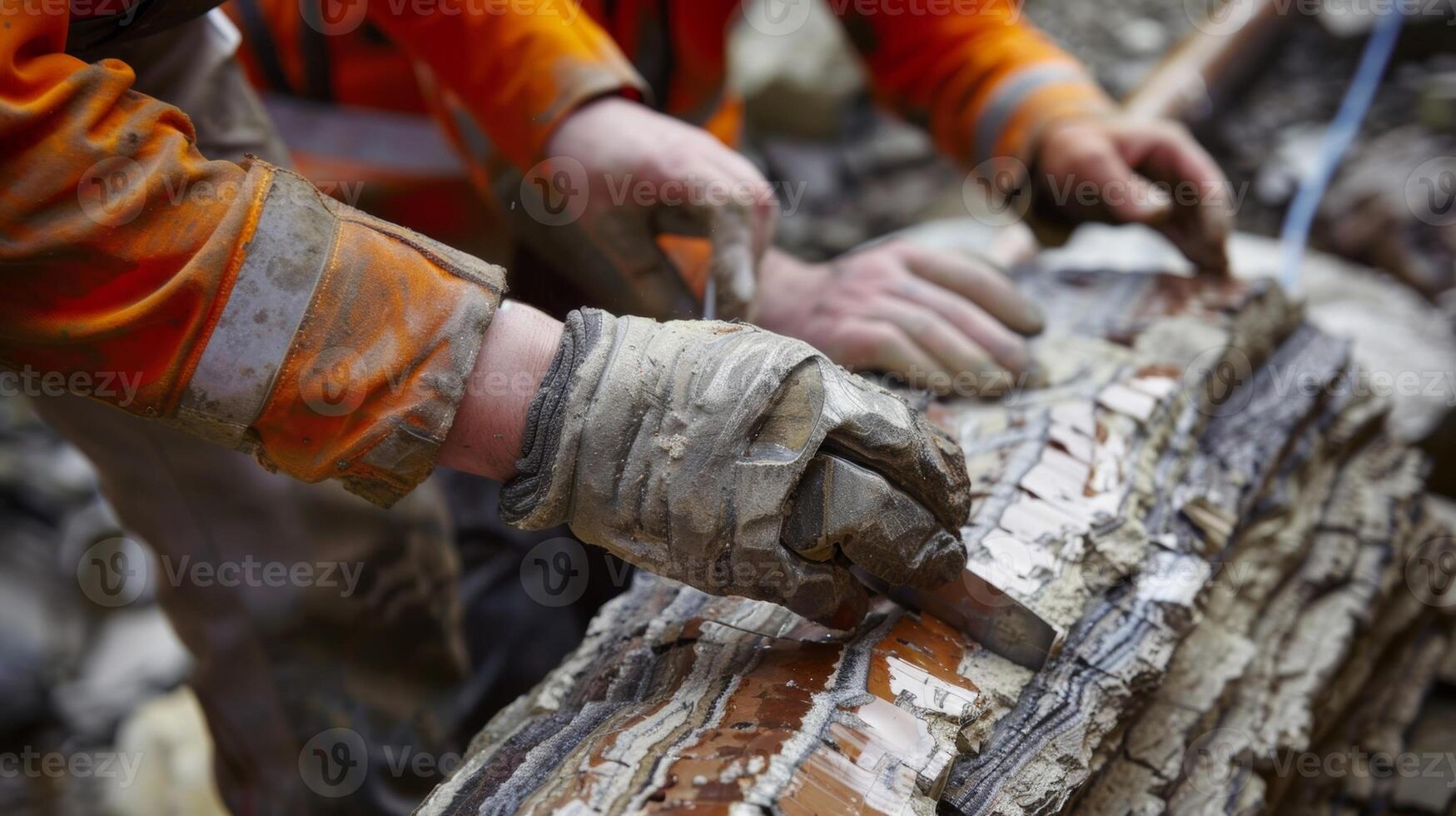 Two geologists work together to carefully slice a core sample in half revealing the intricate layers and composition of the rock photo