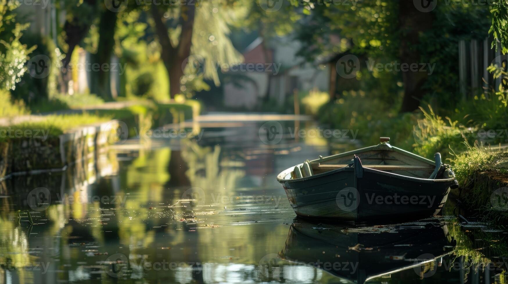 A small boat floating lazily on the calm waters of the canal photo