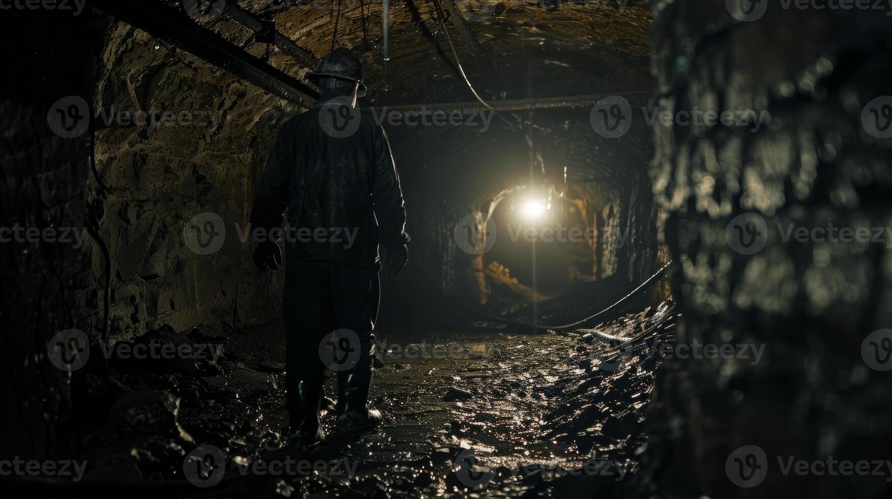 The dull and somber surroundings of the underground mine are brought to life by the glowing headlamp of the coal miner photo