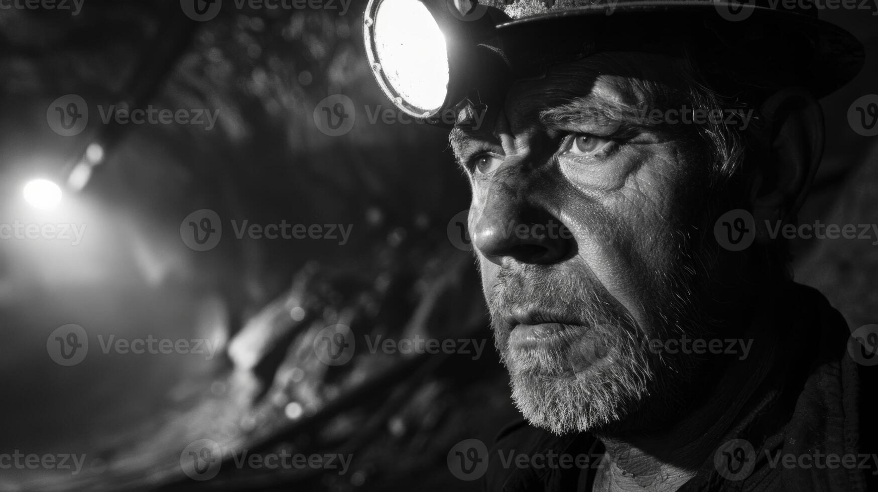 A the tered rocks and debris the coal miners headlamp shines like a beacon of hope guiding him towards a successful days work photo
