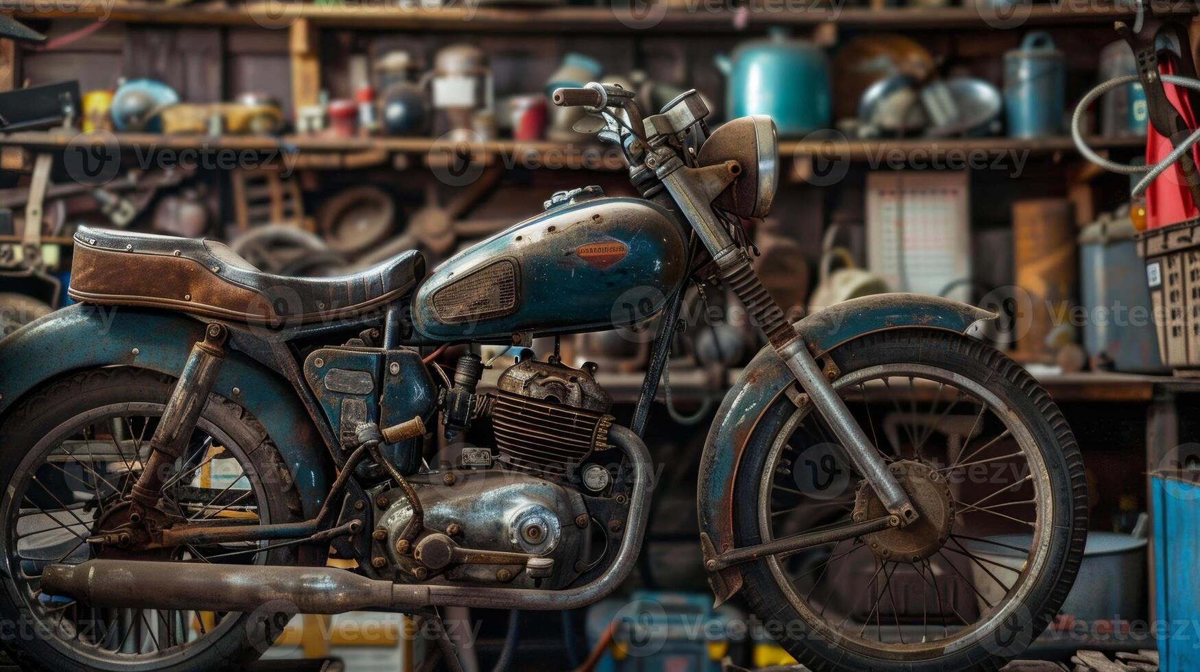 Next to a vintage motorcycle an oil can rests on a shelf ready to keep the engine running smoothly photo