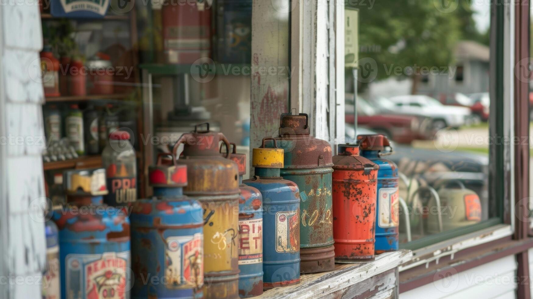 A small town gas station proudly displays an array of oldfashioned oil cans in their front window photo