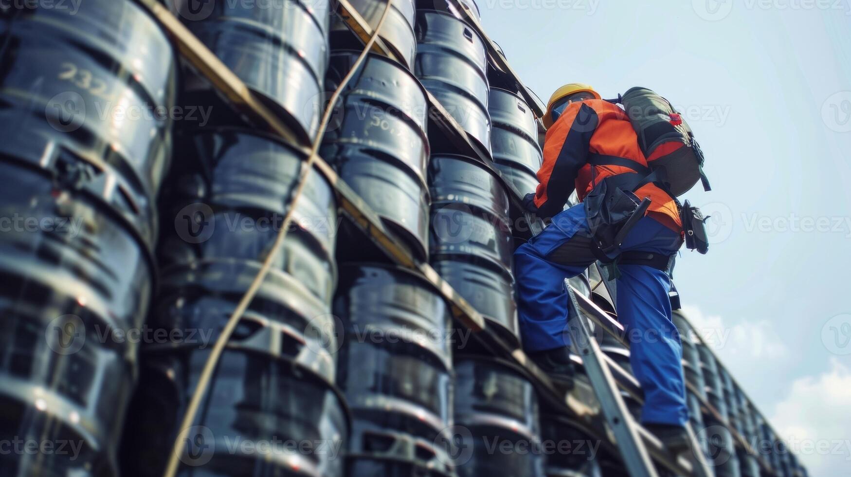 A team of workers wearing safety harnesses as they climb up a ladder to inspect the quality of oil barrels on an elevated shelf photo