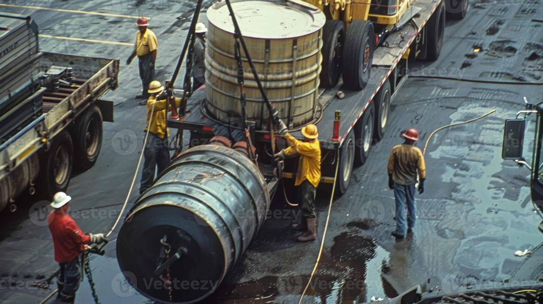 A group of workers using a winch to lift a large oil barrel from a truck and onto a loading dock photo