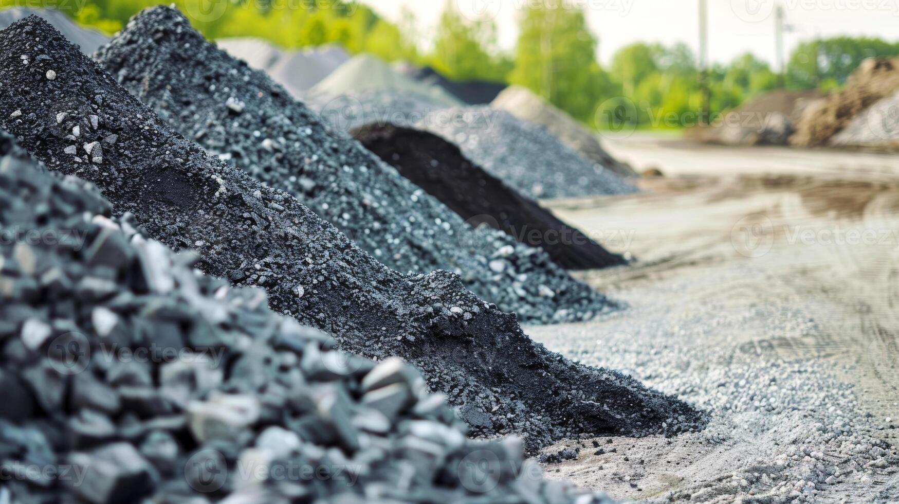 Large piles of crushed stone and sand sit nearby ready to be mixed with the bitumen photo
