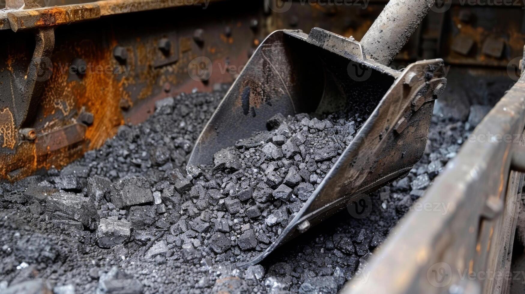 A coal shovel being used to feed the furnace with fresh supplies of coal photo
