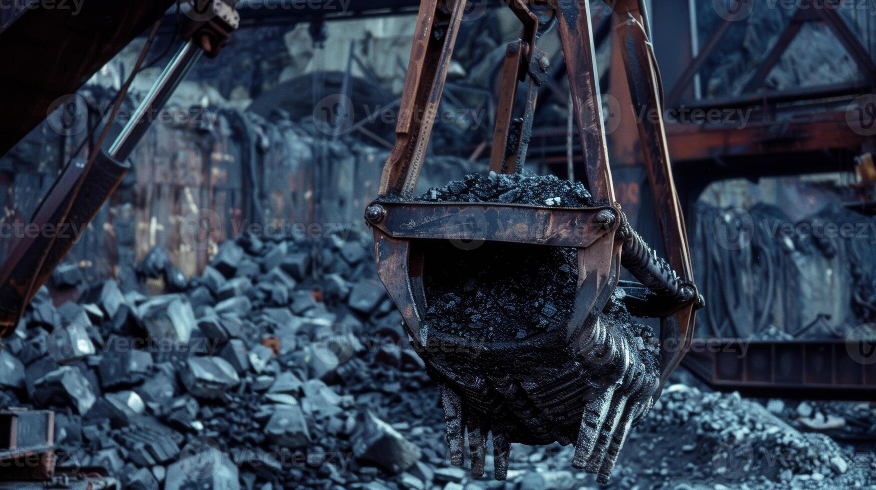 The metal claws of a crane gripping a mound of coal ready to load it onto the barge photo