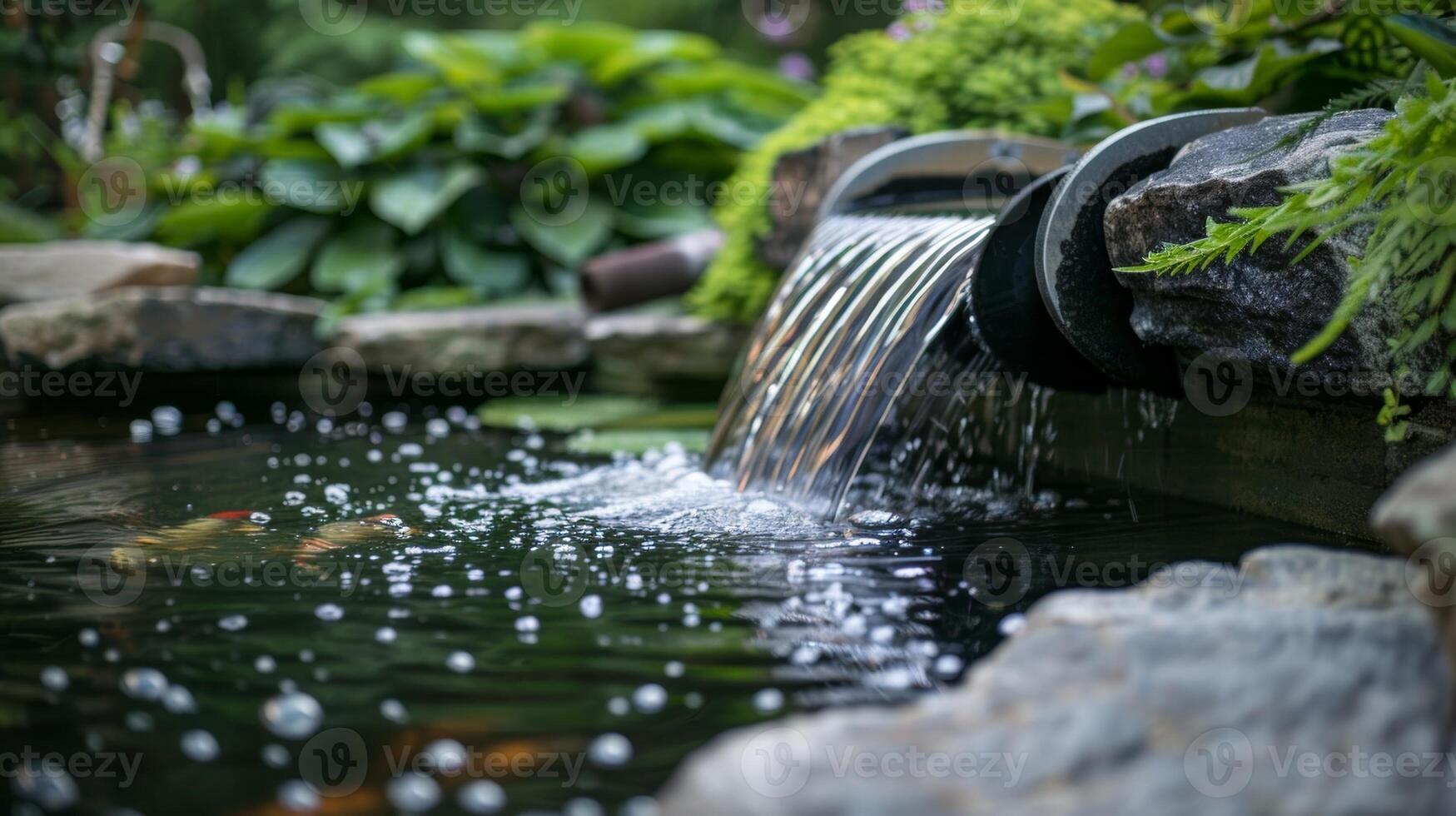 A closeup shot of the intricate filtration system that cleans the water before releasing it into the pond photo