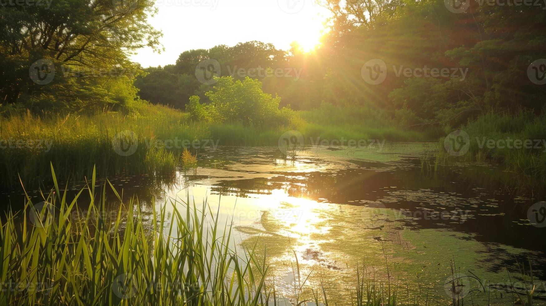 A serene peaceful landscape of the cooling pond with the sun setting behind it photo