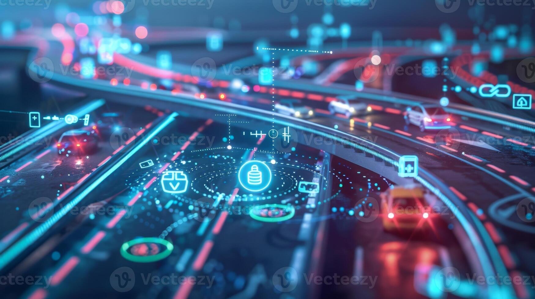 A digital highway with multiple lanes representing different types of health data all merging together onto a central road symbolizing the integration of information in a healthcar photo