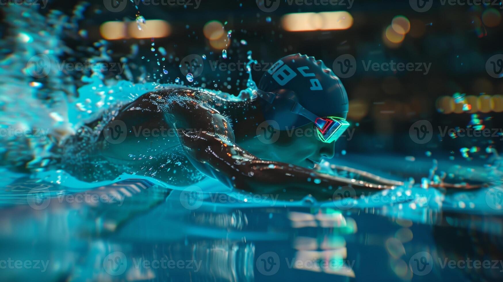 In a swimming competition holographic images display the swimmers lap times stroke count and distance covered providing an indepth analysis of their technique photo