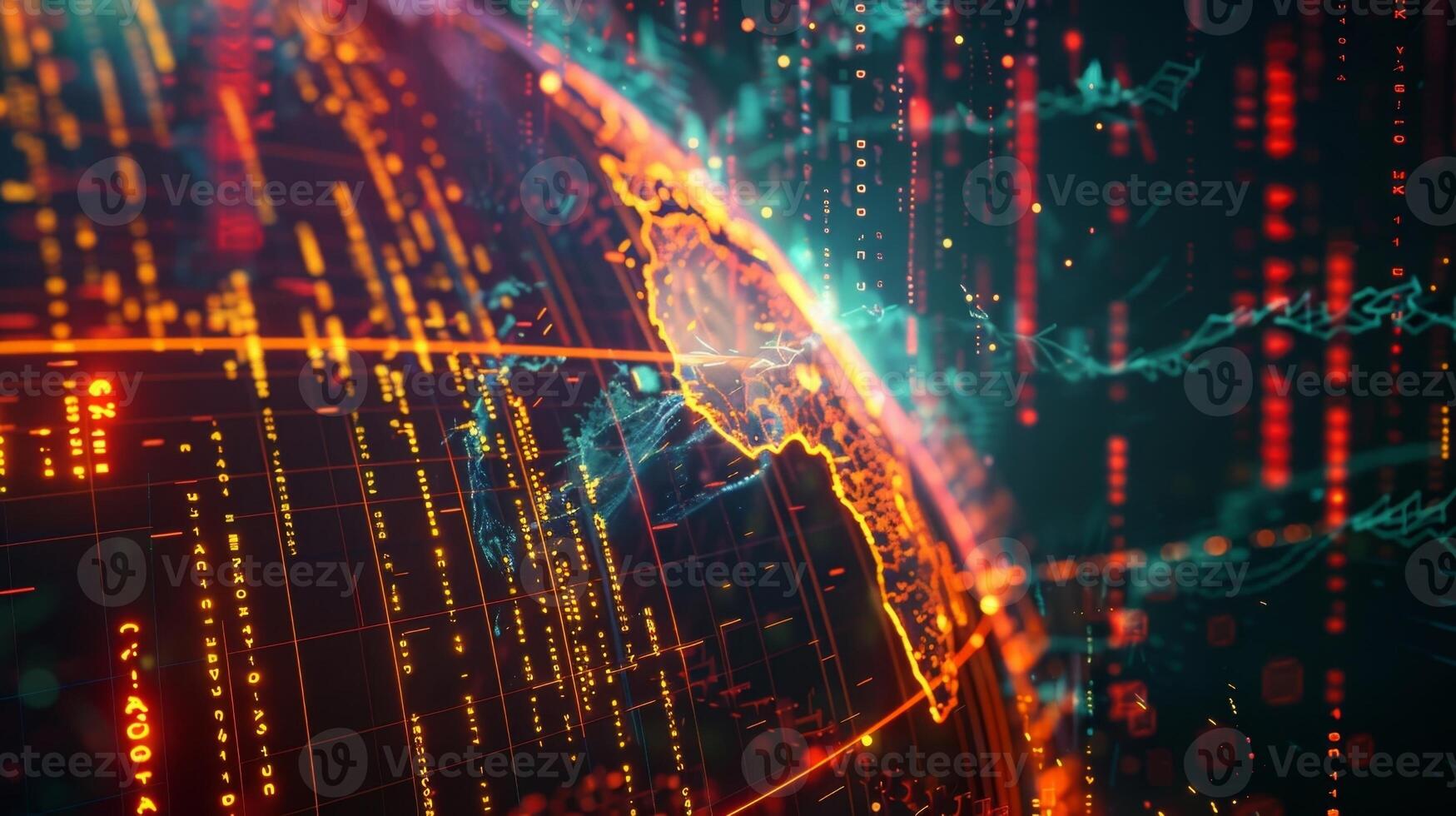 Vibrant ribbons of data flow across the globe creating a web of information that spans across the entire screen photo