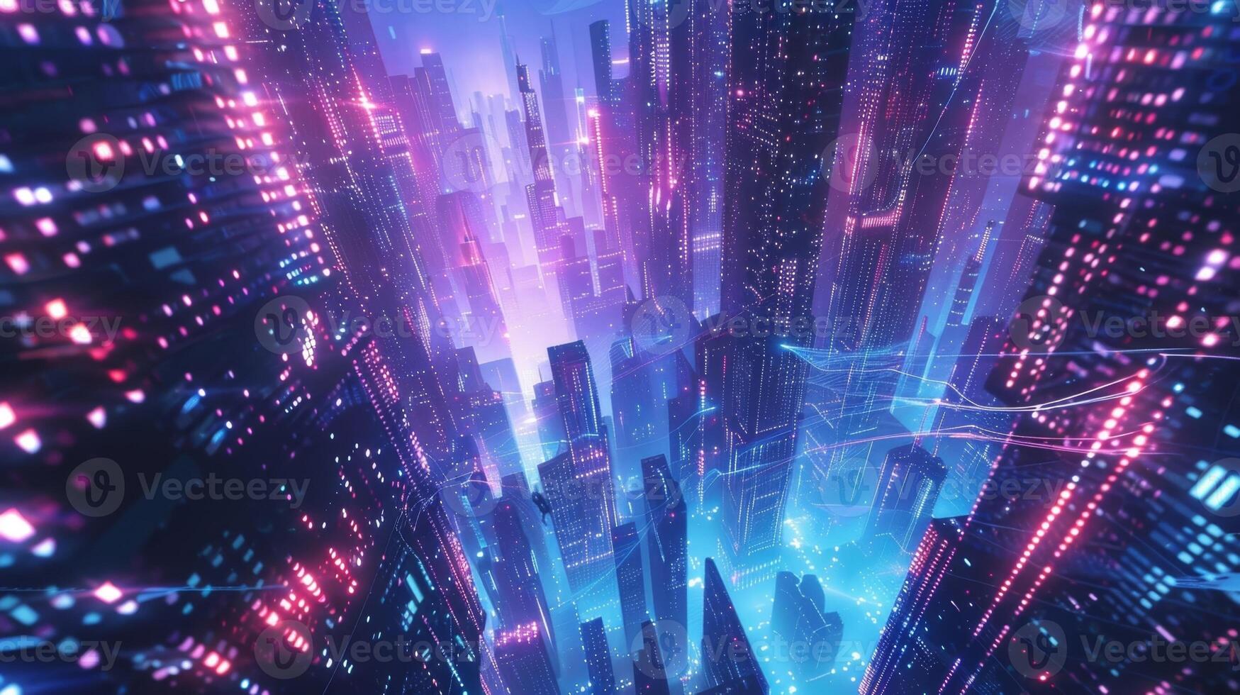 A futuristic cityscape with towering skyscrs composed of endless streams of binary code photo