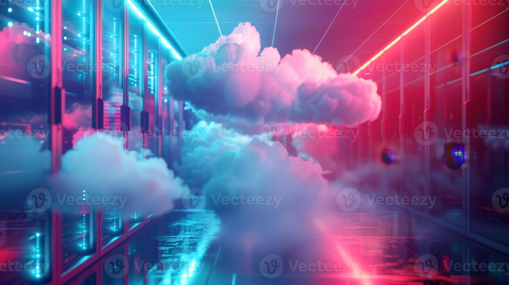 A futuristic server room with clouds floating inside illustrating how traditional data centers are being rep by cloud computing for data storage and management photo
