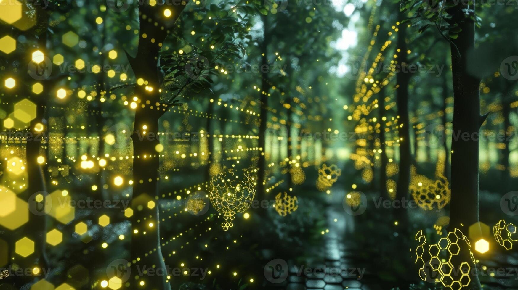 A digital forest filled with sparkling hexagons reflecting the immense growth and reach of the Hexabyte Network photo