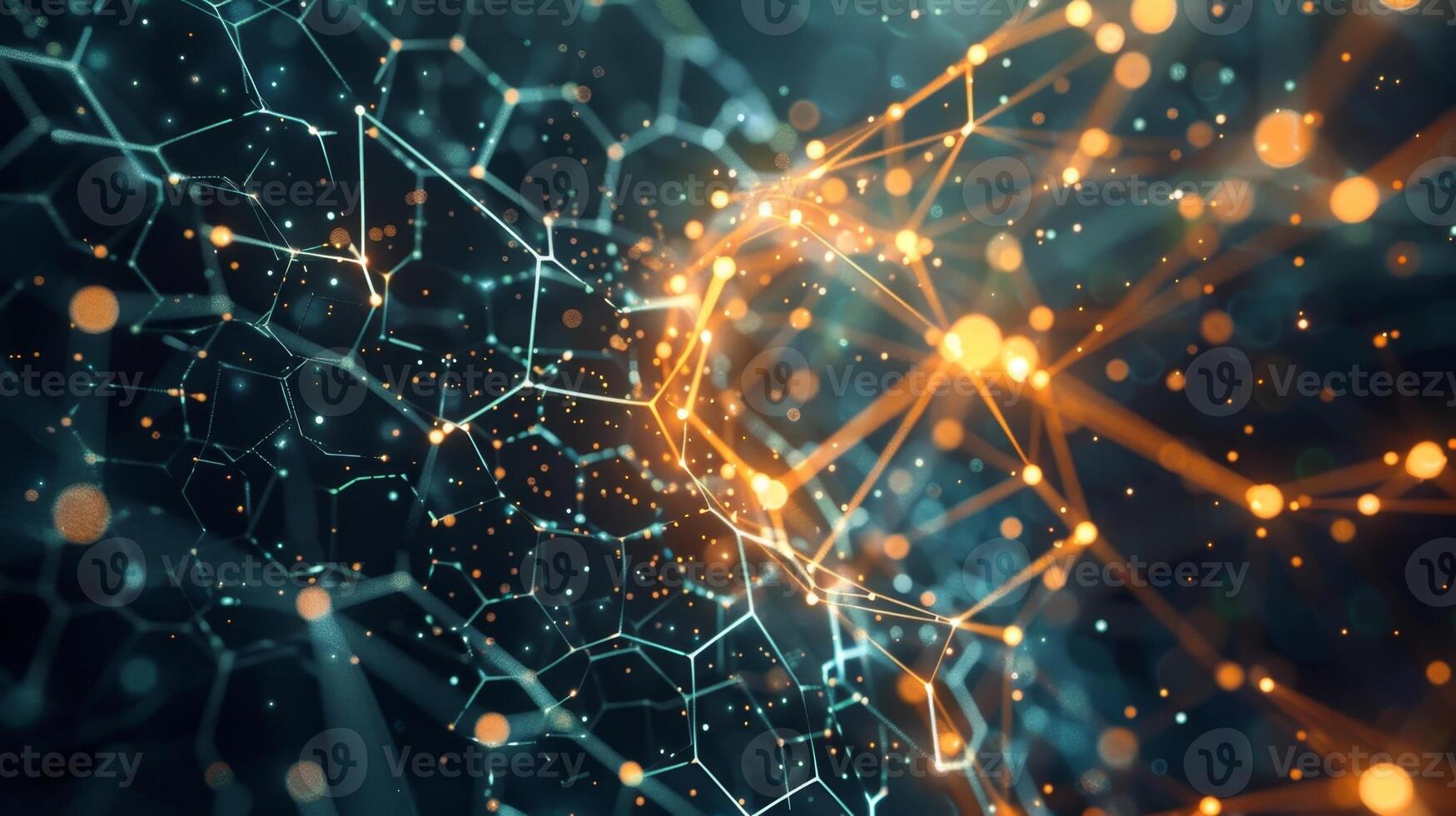 A pulsing hexagon at the center of a virtual universe sending out endless streams of hexabytes to constantly update and connect all nodes within the network photo