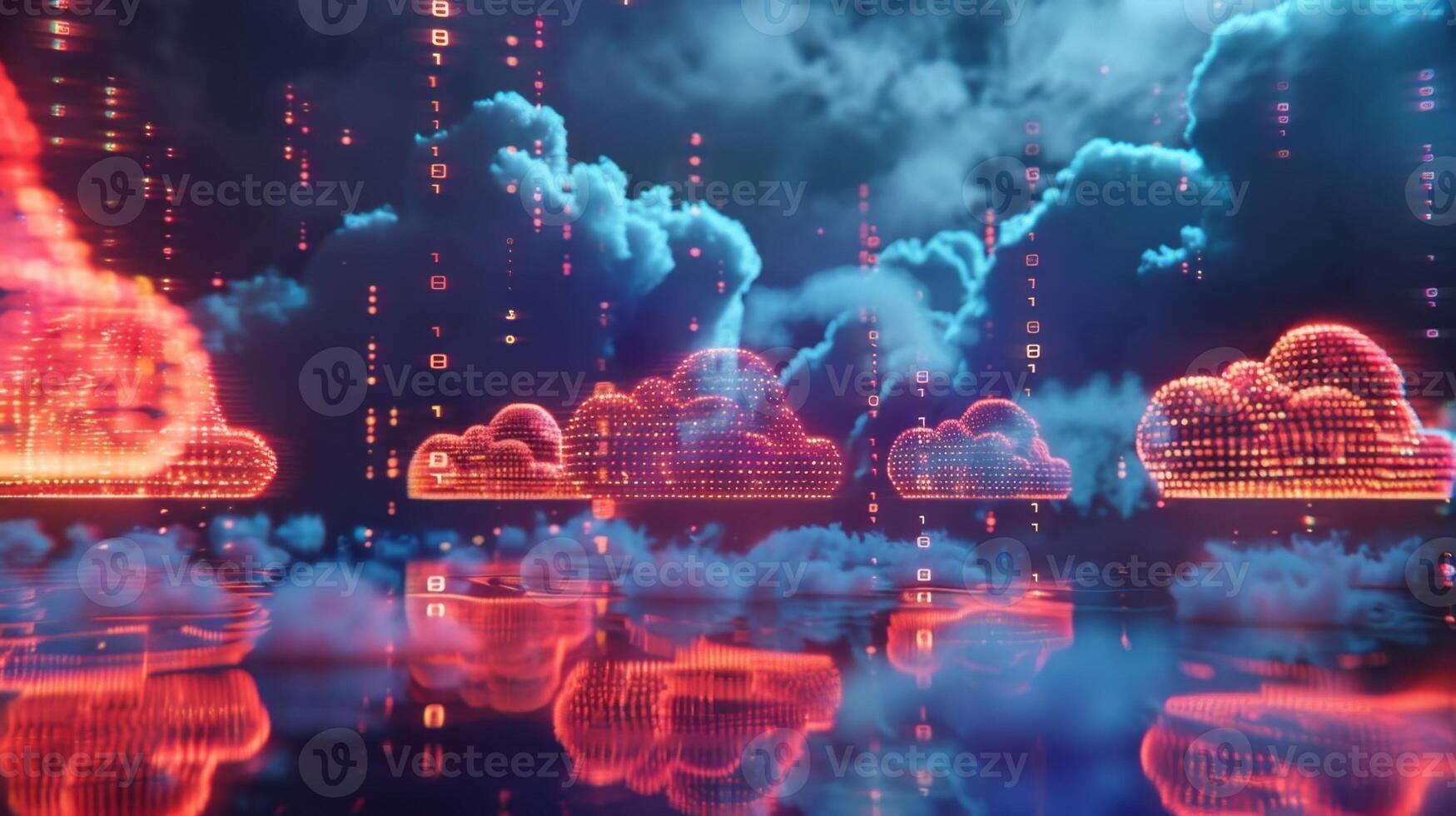 Fluffy clouds of binary code gently floating through the network providing a constant stream of data to devices photo