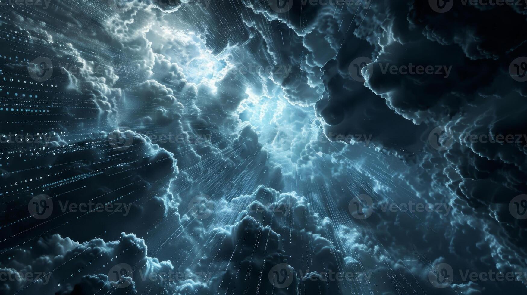 Dark stormy clouds composed of endless lines of binary unleashing a deluge of valuable information onto connected devices photo
