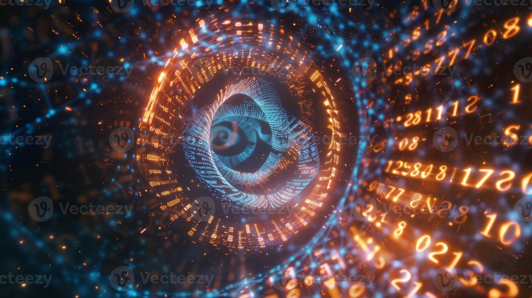 A swirling vortex of letters and numbers with a DNA helix at its core representing the disruptive and revolutionary nature of DNA data storage photo
