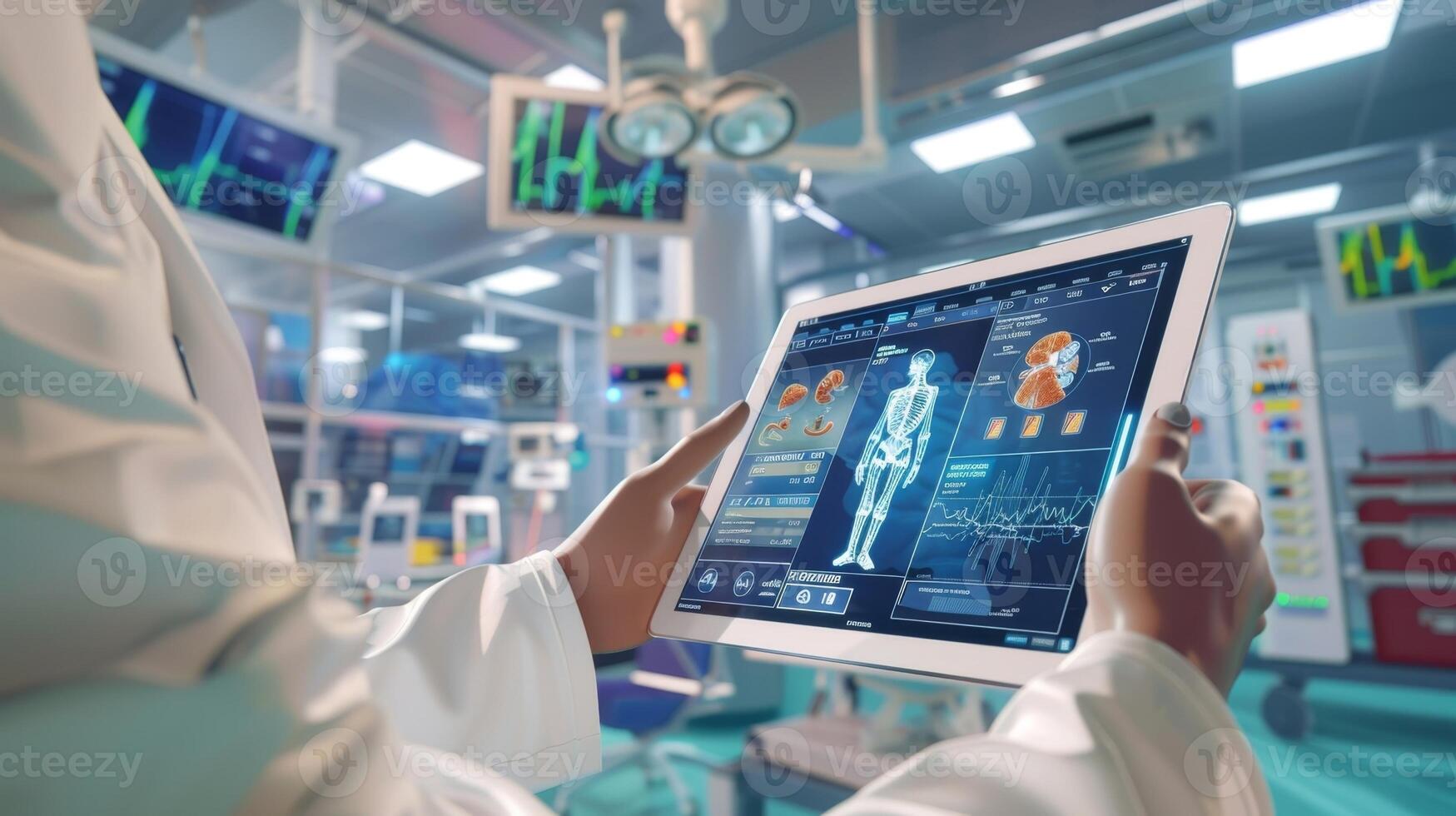 An emergency room doctor accessing a patients complete medical history and realtime vital signs on a tablet allowing for quicker and more accurate treatment decisions photo
