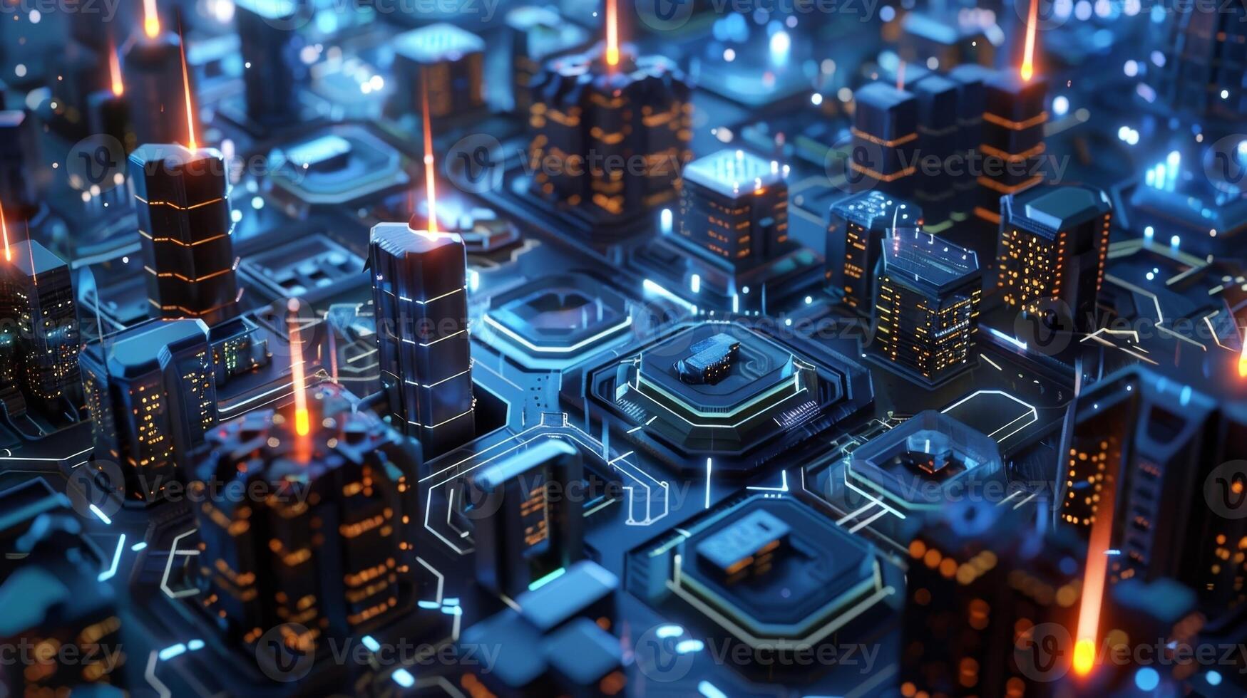 A futuristic cityscape with each building representing a node and the hexagonshaped streets serving as pathways for hexabyte data to travel through photo